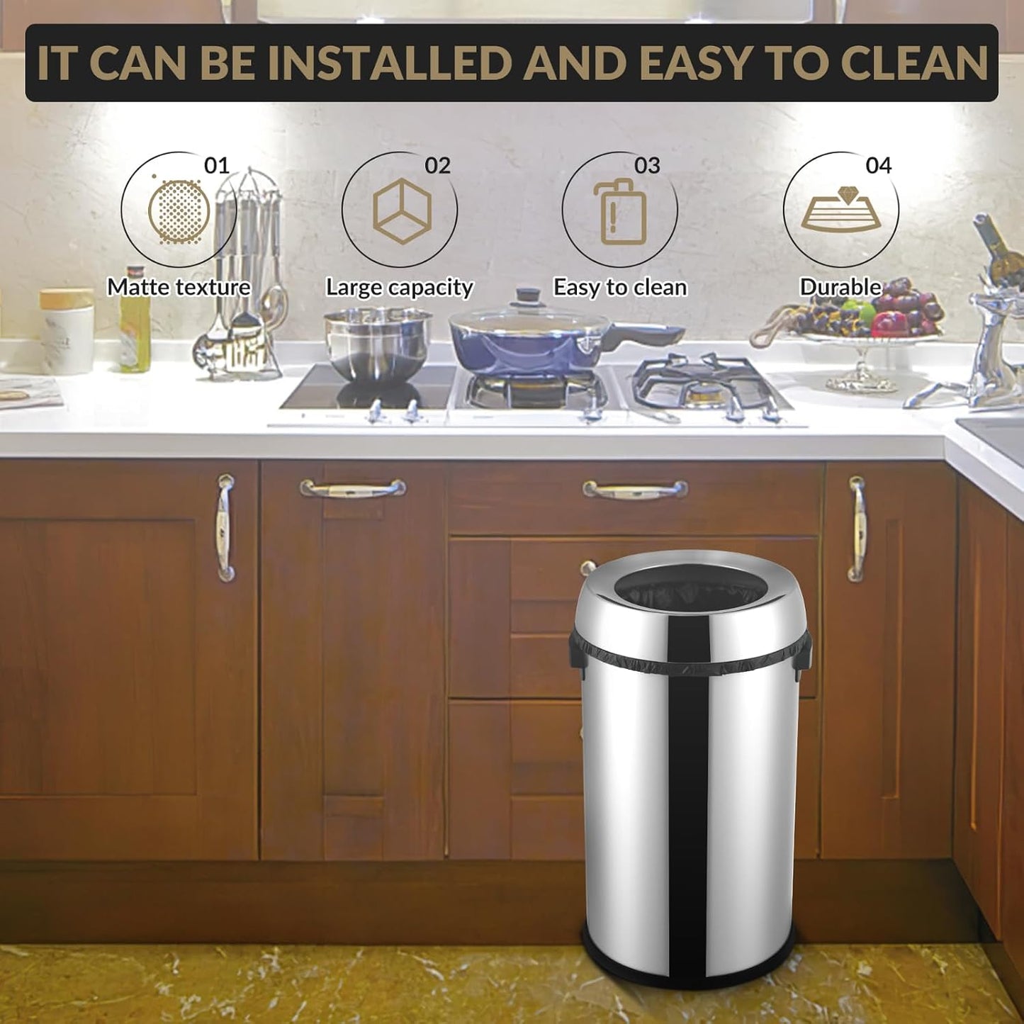 17Gal Trash Can,Stainless Steel Heavy Duty Open Top Kitchen Trash Can,Non-Slip Base, Lift-Up Lid, Wide Open Design, No-Touch Feature - Ideal for Outdoor, Kitchen, Home - Family Friendly