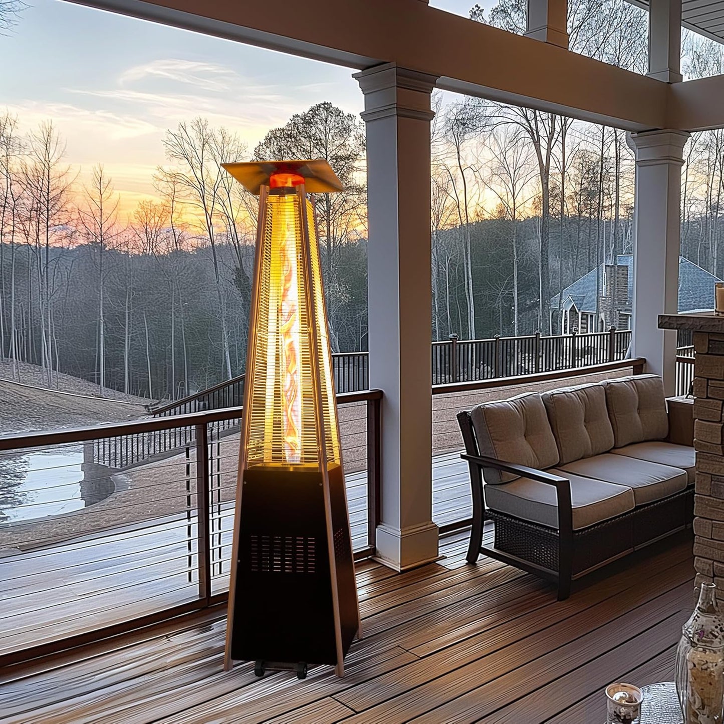 48,000 BTU Flame Pyramid Pool Heater with Cover, Triple Safety Protection Portable Patio Heater with Patio Cover, Warm Glass Tube with Durable Wheels-Black