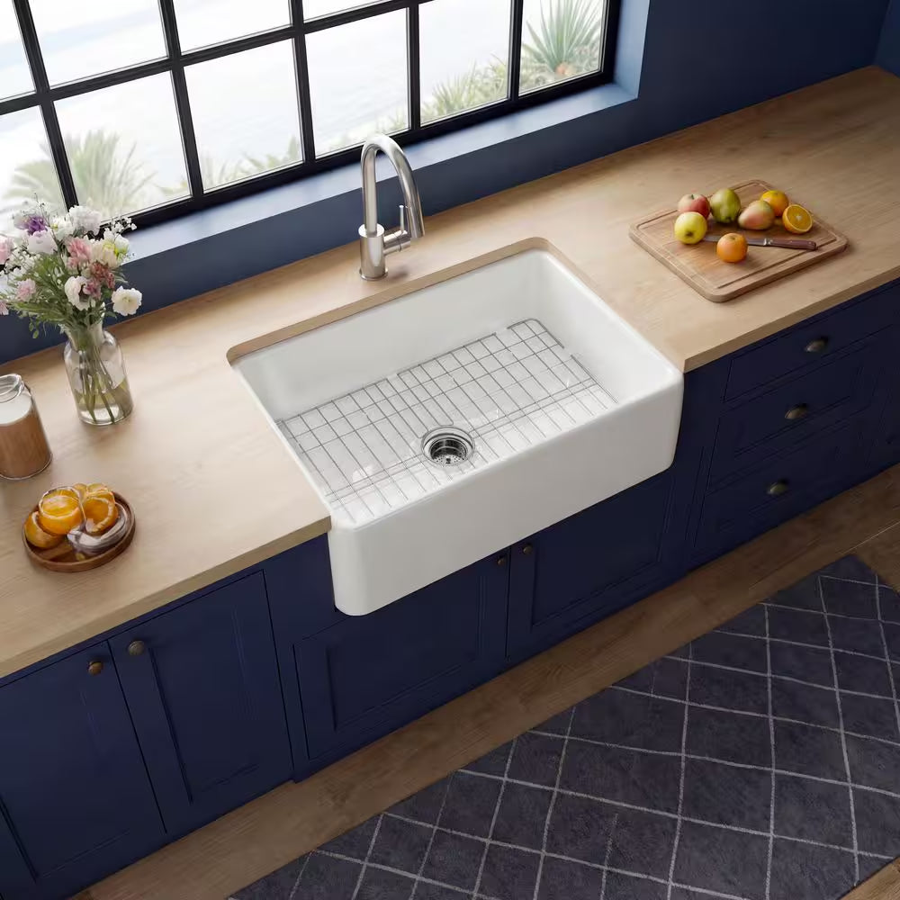 Farmhouse Sink 30 In. Single Bowl Gloss White Fireclay Kitchen Sink Apron Sink with Strainer and Bottom Grid Barn Sink