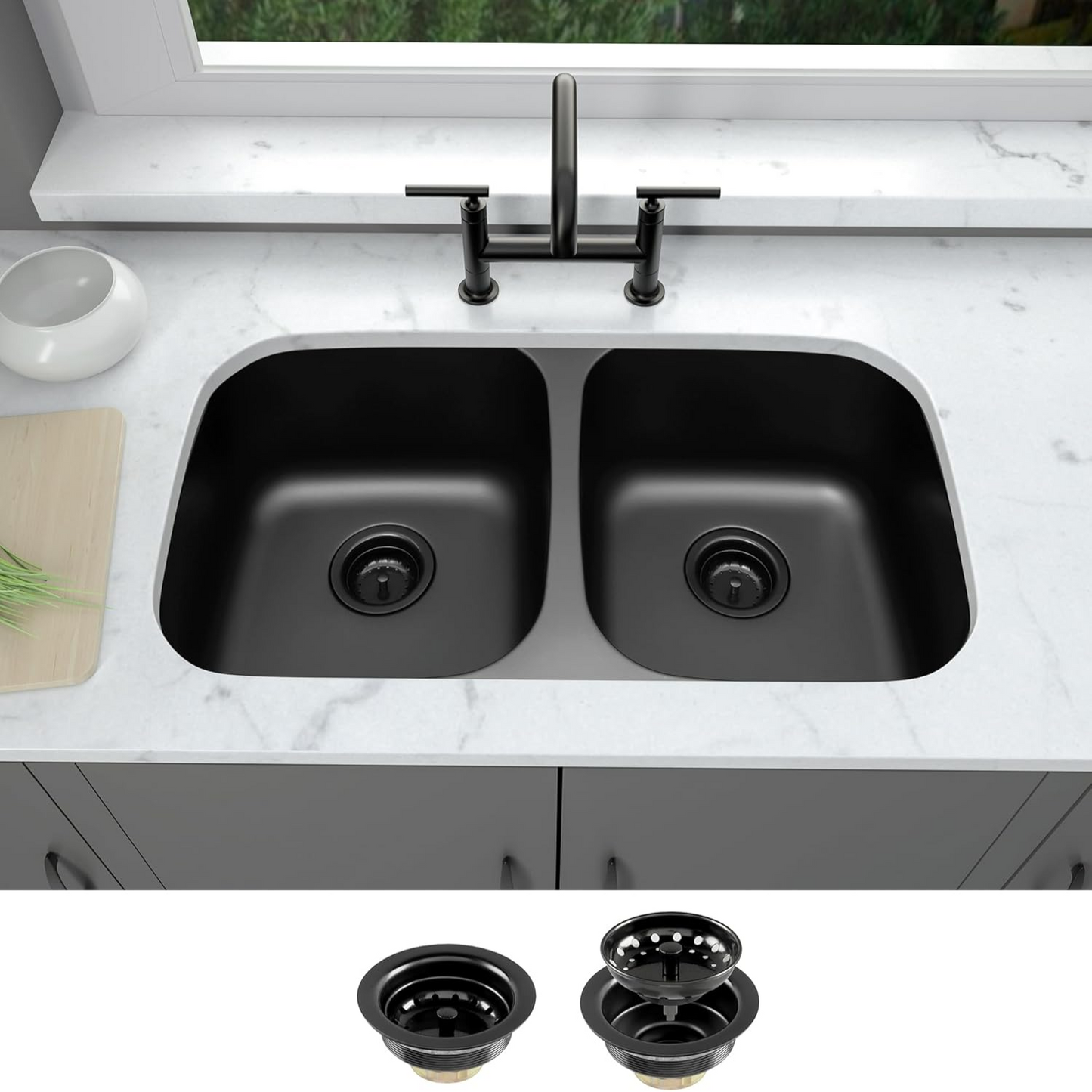 32 Inch Black Kitchen Sink, Double Bowl Kitchen Sink, Undermount Kitchen Sink Stainless Steel, Black Oval Kitchen Sink with Sleek Roun Corner for Easy Cleaning and Two Sink Strainers