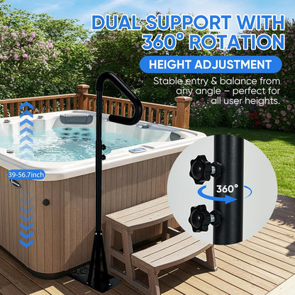 Heavy Duty Hot Tub Handrail, 38-62" Adjustable Height Spa Hand Rail for Entry & Exit, 360° Swivel Hot Tub Railing with Non-Slip Rubber Grip, Rust-Proof Carbon Steel Hot Pool Handrail