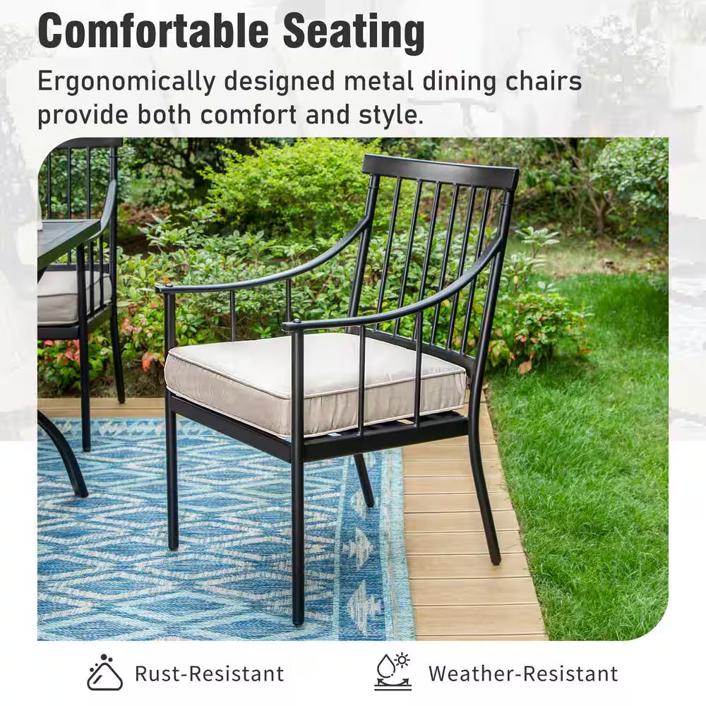 7-Piece Metal Outdoor Dining Set with Rectangle Table and Stylish Chairs with Beige Cushion