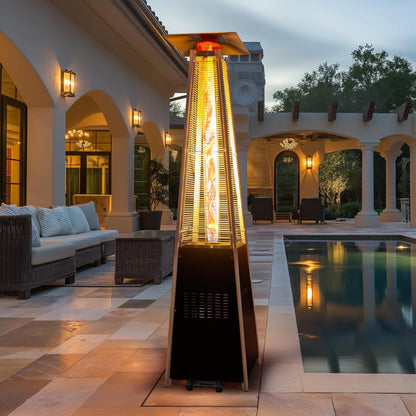 48,000 BTU Flame Pyramid Pool Heater with Cover, Triple Safety Protection Portable Patio Heater with Patio Cover, Warm Glass Tube with Durable Wheels-Black