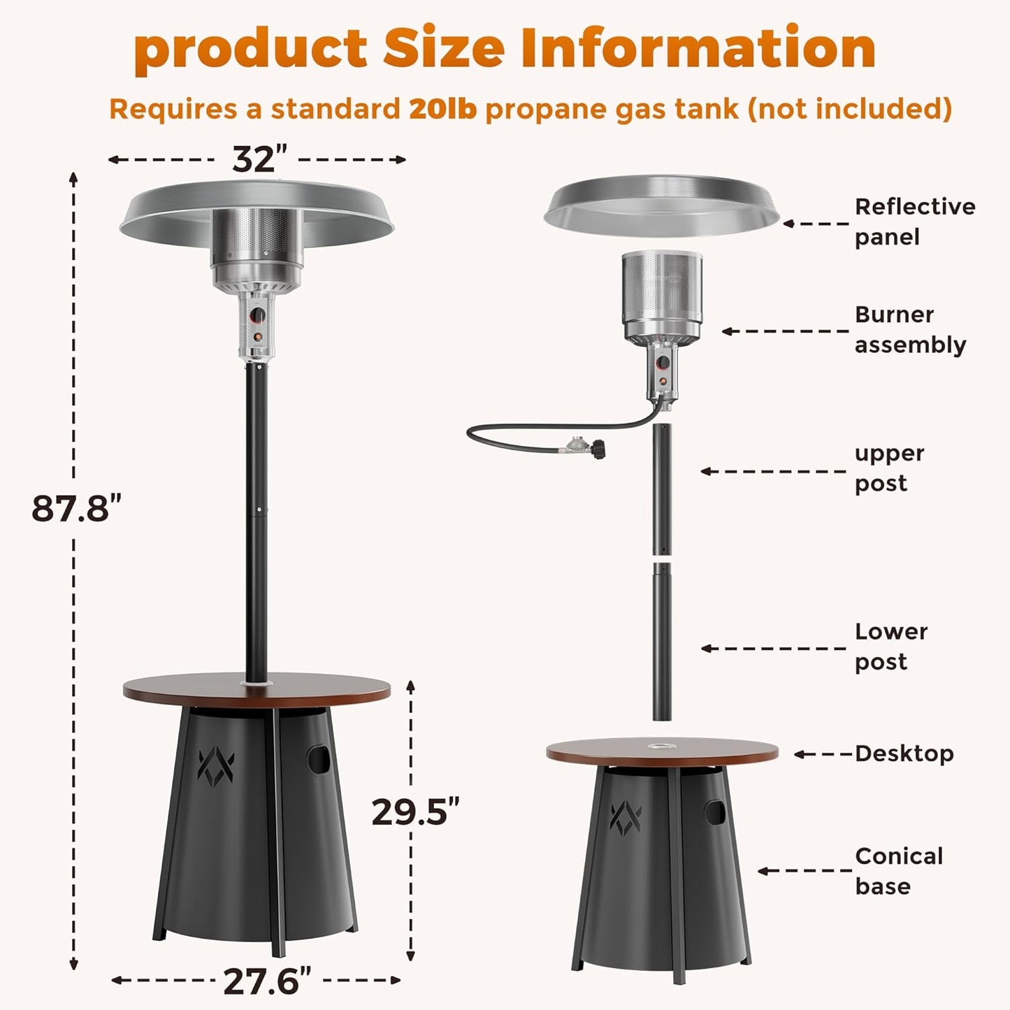 50,000 BTU Outdoor Heaters for Patio with round Table Design, Premium 304 Stainless Steel Burner, Triple Protection System Propane Patio Heater for Porch Garden, Residential & Commercial Use