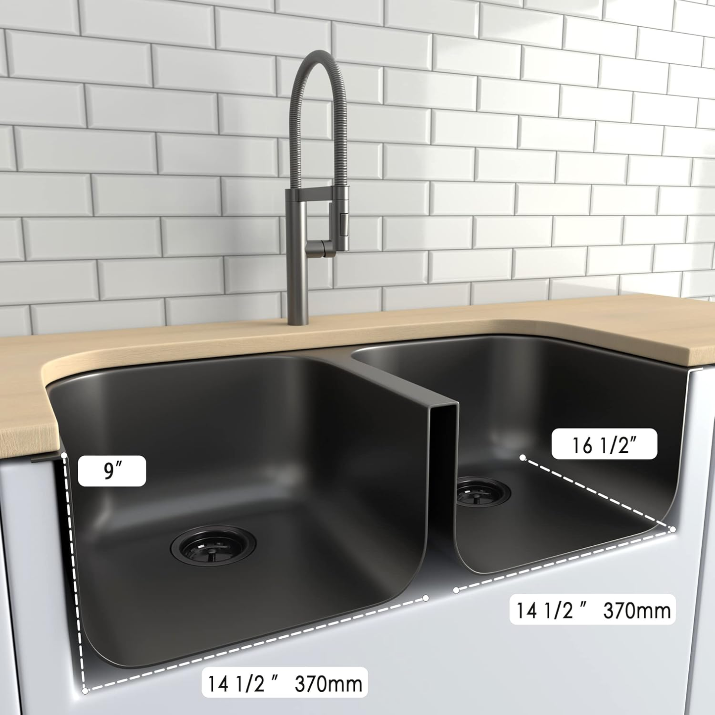 32 Inch Black Kitchen Sink, Double Bowl Kitchen Sink, Undermount Kitchen Sink Stainless Steel, Black Oval Kitchen Sink with Sleek Roun Corner for Easy Cleaning and Two Sink Strainers
