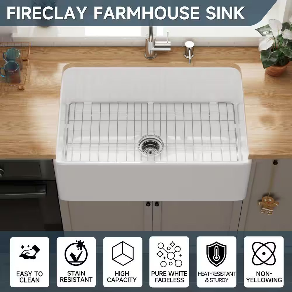 Farmhouse Sink 30 In. Single Bowl Gloss White Fireclay Kitchen Sink Apron Sink with Strainer and Bottom Grid Barn Sink