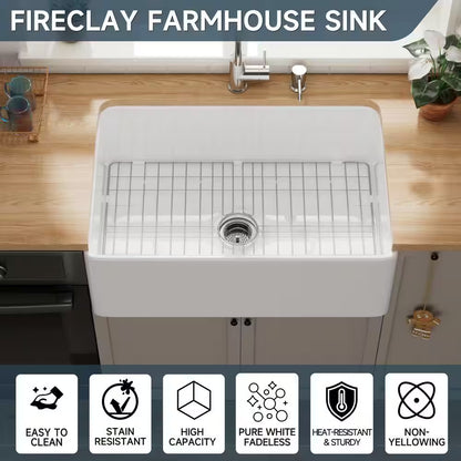 Farmhouse Sink 30 In. Single Bowl Gloss White Fireclay Kitchen Sink Apron Sink with Strainer and Bottom Grid Barn Sink