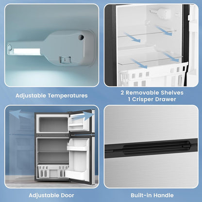3.1 Cu.Ft Mini Fridge with Freezer, 2 Door Compact Refrigerator, Mini Fridge with Adjustable Removable Glass Shelves for Bedroom, Office, Dorm or Apartment, Stainless Steel