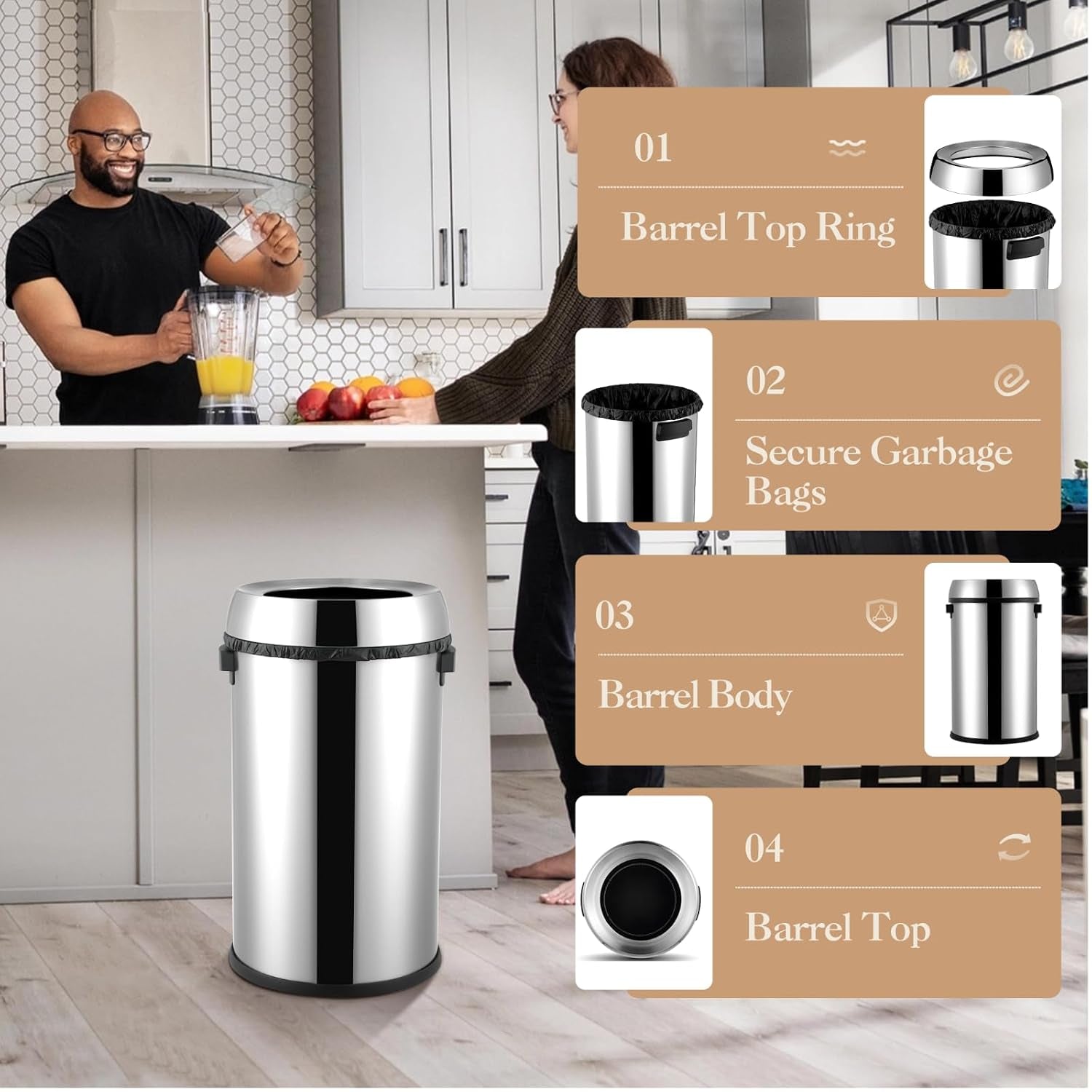 17Gal Trash Can,Stainless Steel Heavy Duty Open Top Kitchen Trash Can,Non-Slip Base, Lift-Up Lid, Wide Open Design, No-Touch Feature - Ideal for Outdoor, Kitchen, Home - Family Friendly