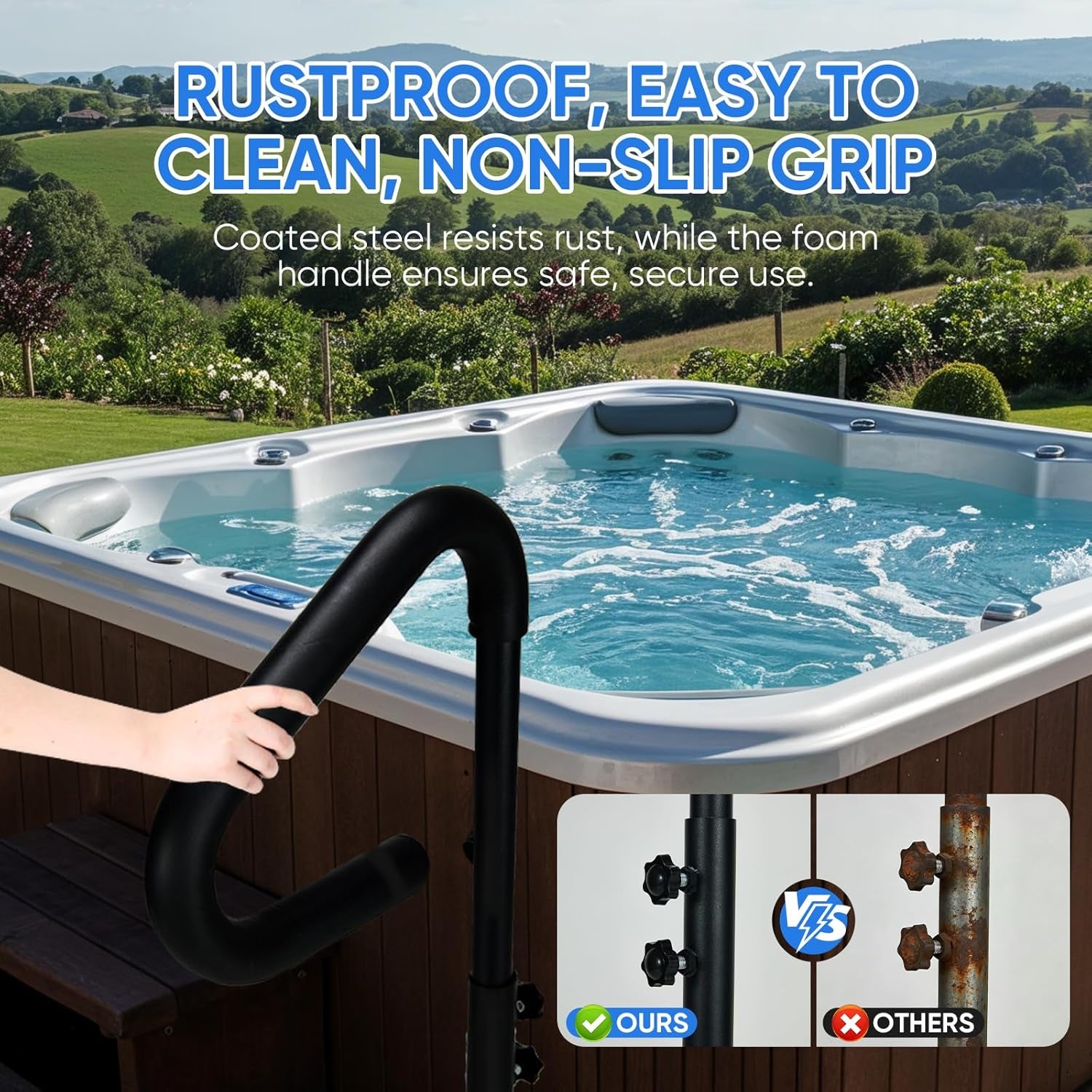 Heavy Duty Hot Tub Handrail, 38-62" Adjustable Height Spa Hand Rail for Entry & Exit, 360° Swivel Hot Tub Railing with Non-Slip Rubber Grip, Rust-Proof Carbon Steel Hot Pool Handrail