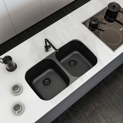32 Inch Black Kitchen Sink, Double Bowl Kitchen Sink, Undermount Kitchen Sink Stainless Steel, Black Oval Kitchen Sink with Sleek Roun Corner for Easy Cleaning and Two Sink Strainers