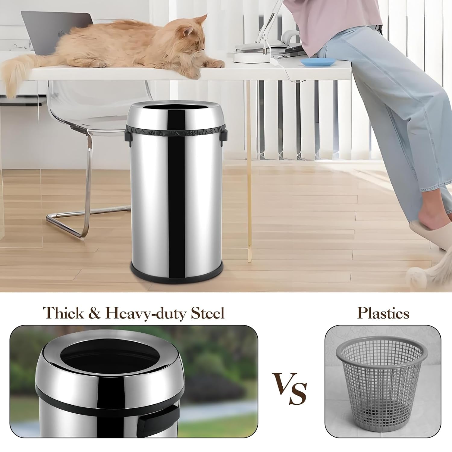 17Gal Trash Can,Stainless Steel Heavy Duty Open Top Kitchen Trash Can,Non-Slip Base, Lift-Up Lid, Wide Open Design, No-Touch Feature - Ideal for Outdoor, Kitchen, Home - Family Friendly