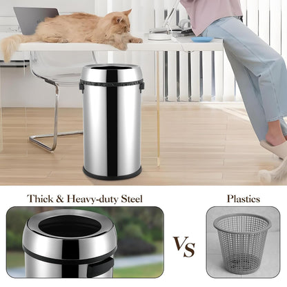 17Gal Trash Can,Stainless Steel Heavy Duty Open Top Kitchen Trash Can,Non-Slip Base, Lift-Up Lid, Wide Open Design, No-Touch Feature - Ideal for Outdoor, Kitchen, Home - Family Friendly
