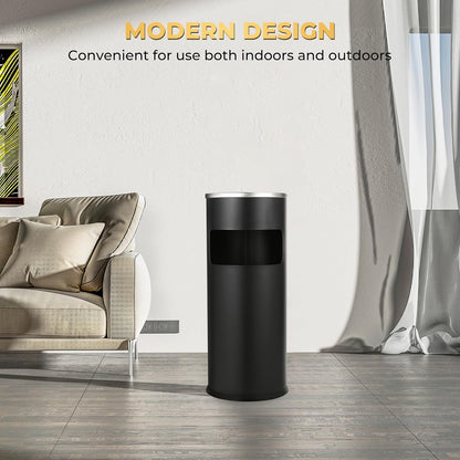 Trash Can Outdoor Waste Container round Stainless Steel Trash Can with Removable Inner Bucket for Disposal Commercial Waste Container with Hollow Tray 9.8‘’ X 24‘’-Black