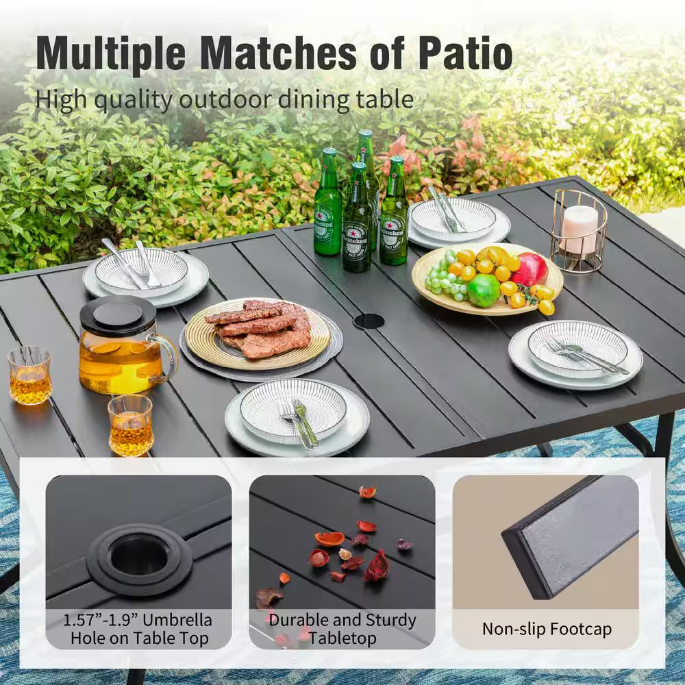 7-Piece Metal Outdoor Dining Set with Rectangle Table and Stylish Chairs with Beige Cushion