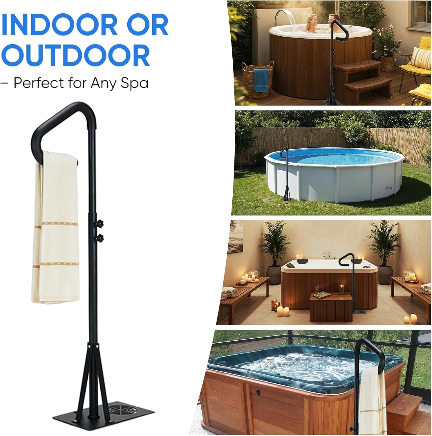 Heavy Duty Hot Tub Handrail, 38-62" Adjustable Height Spa Hand Rail for Entry & Exit, 360° Swivel Hot Tub Railing with Non-Slip Rubber Grip, Rust-Proof Carbon Steel Hot Pool Handrail