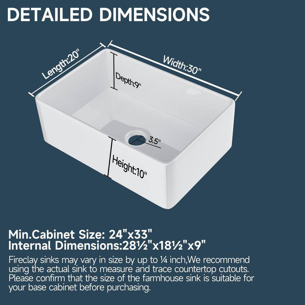 Farmhouse Sink 30 In. Single Bowl Gloss White Fireclay Kitchen Sink Apron Sink with Strainer and Bottom Grid Barn Sink