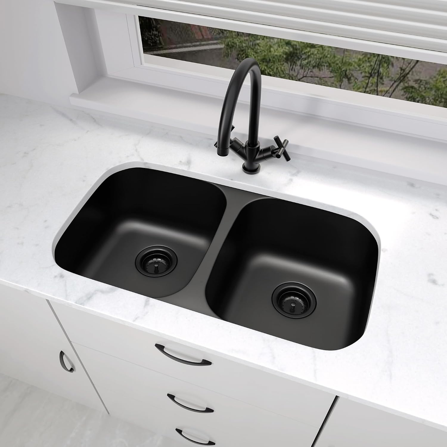 32 Inch Black Kitchen Sink, Double Bowl Kitchen Sink, Undermount Kitchen Sink Stainless Steel, Black Oval Kitchen Sink with Sleek Roun Corner for Easy Cleaning and Two Sink Strainers