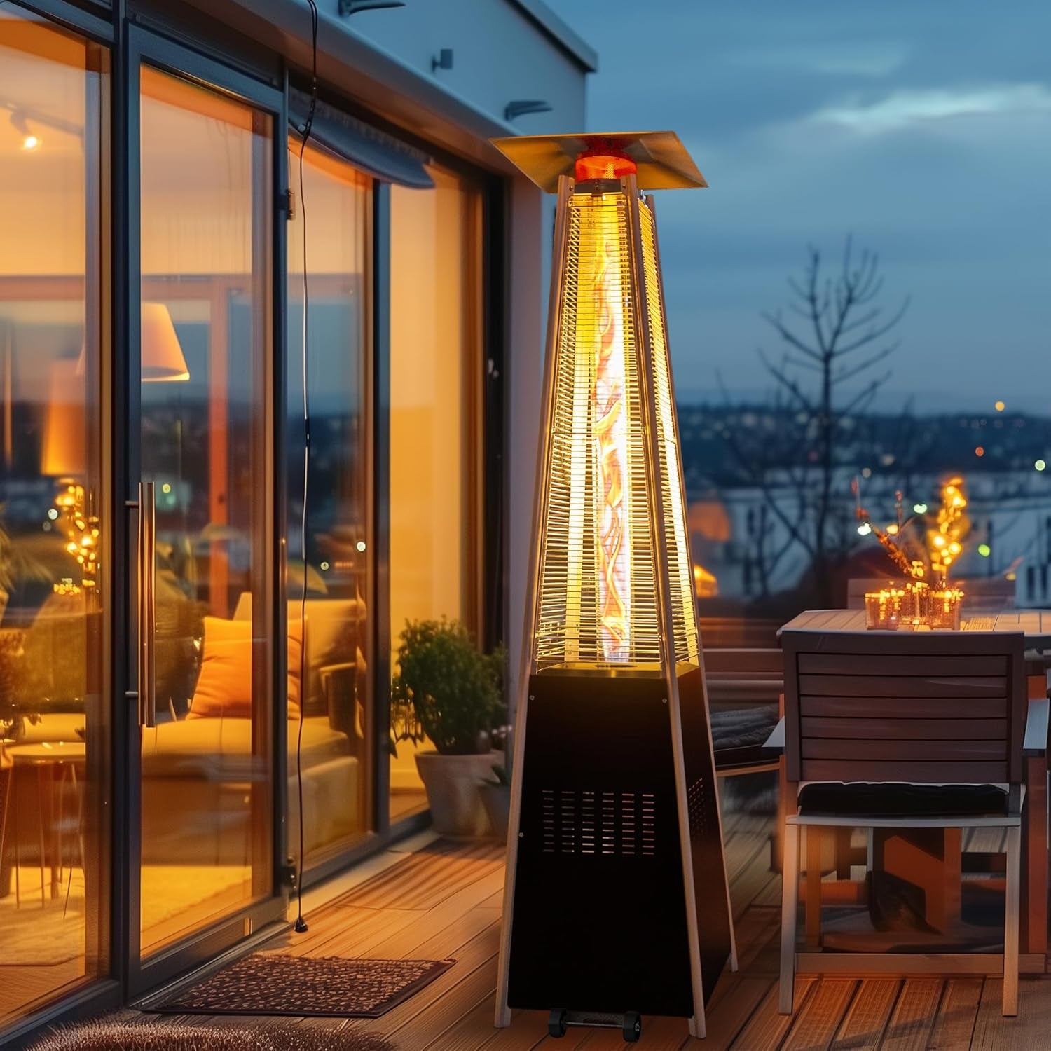 48,000 BTU Flame Pyramid Pool Heater with Cover, Triple Safety Protection Portable Patio Heater with Patio Cover, Warm Glass Tube with Durable Wheels-Black
