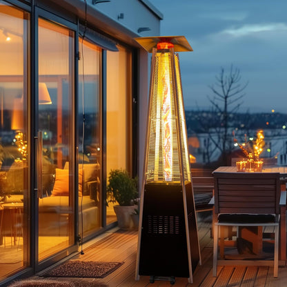 48,000 BTU Flame Pyramid Pool Heater with Cover, Triple Safety Protection Portable Patio Heater with Patio Cover, Warm Glass Tube with Durable Wheels-Black