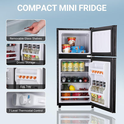 Mini Fridge with Freezer 4.0 Cu. Ft. Small Refrigerator with Freezer, 7-Level Adjustable Temperature, Compact Apartment Fridge Removable Shelves for Dorm, College, Office, Black