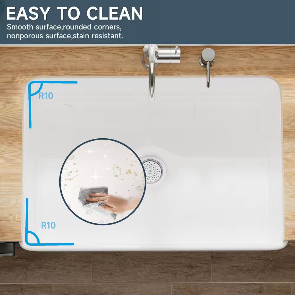 Farmhouse Sink 30 In. Single Bowl Gloss White Fireclay Kitchen Sink Apron Sink with Strainer and Bottom Grid Barn Sink