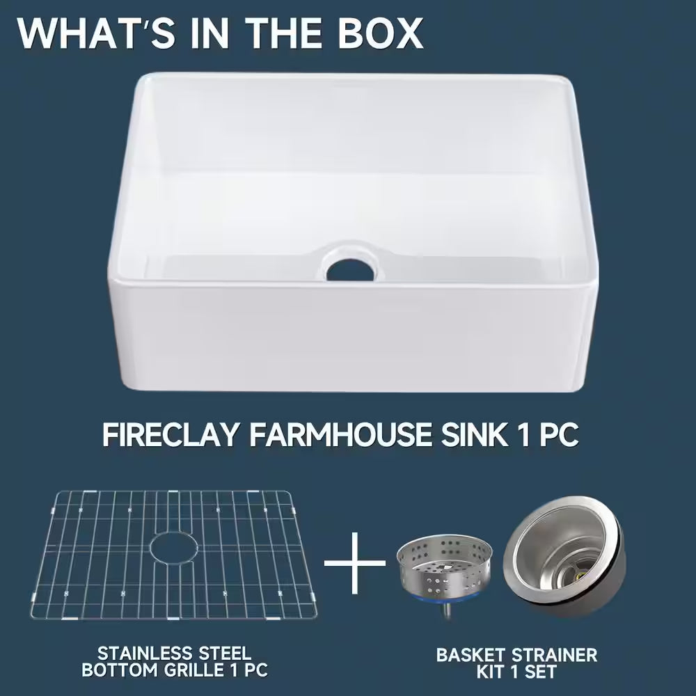 Farmhouse Sink 30 In. Single Bowl Gloss White Fireclay Kitchen Sink Apron Sink with Strainer and Bottom Grid Barn Sink