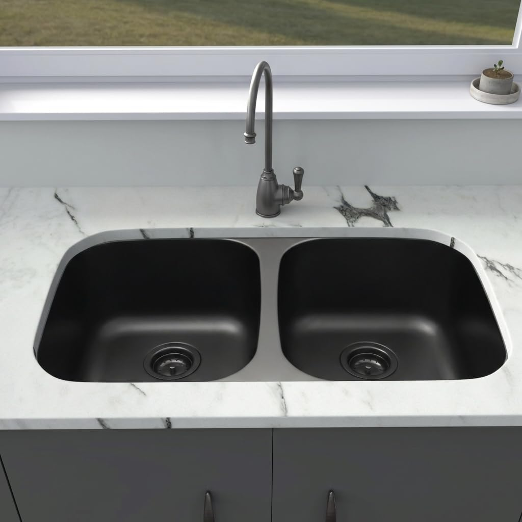 32 Inch Black Kitchen Sink, Double Bowl Kitchen Sink, Undermount Kitchen Sink Stainless Steel, Black Oval Kitchen Sink with Sleek Roun Corner for Easy Cleaning and Two Sink Strainers