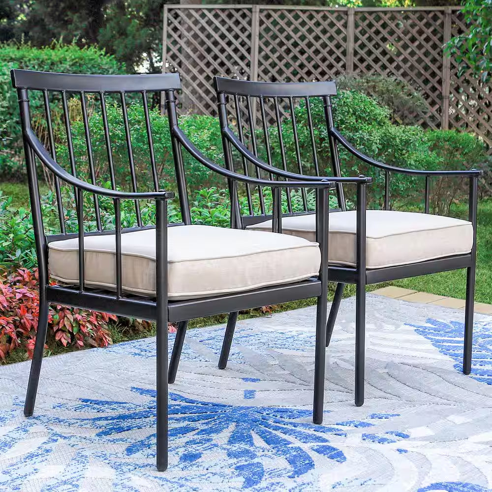 7-Piece Metal Outdoor Dining Set with Rectangle Table and Stylish Chairs with Beige Cushion