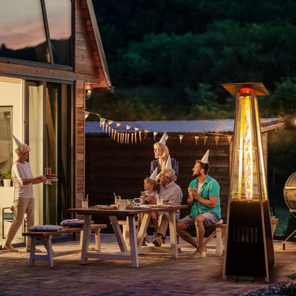 48,000 BTU Flame Pyramid Pool Heater with Cover, Triple Safety Protection Portable Patio Heater with Patio Cover, Warm Glass Tube with Durable Wheels-Black