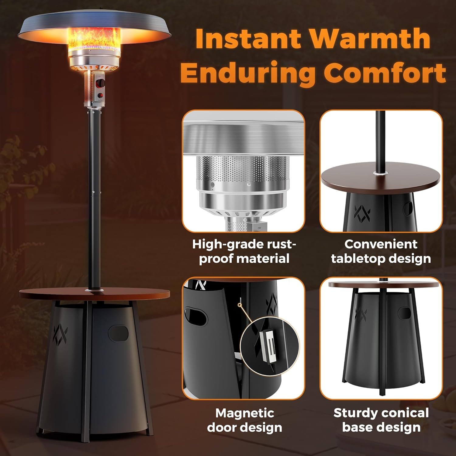 50,000 BTU Outdoor Heaters for Patio with round Table Design, Premium 304 Stainless Steel Burner, Triple Protection System Propane Patio Heater for Porch Garden, Residential & Commercial Use