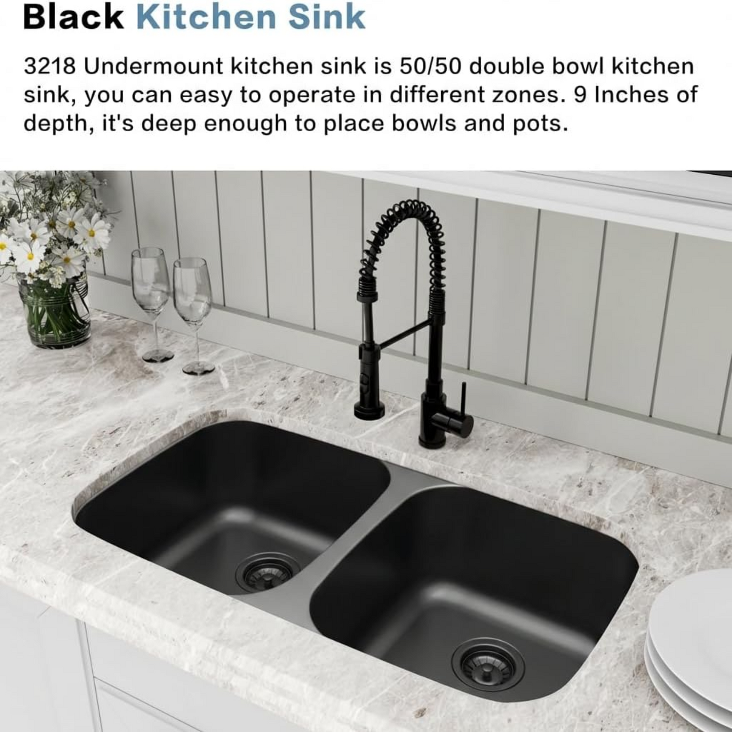 32 Inch Black Kitchen Sink, Double Bowl Kitchen Sink, Undermount Kitchen Sink Stainless Steel, Black Oval Kitchen Sink with Sleek Roun Corner for Easy Cleaning and Two Sink Strainers