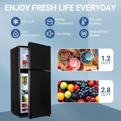 Mini Fridge with Freezer 4.0 Cu. Ft. Small Refrigerator with Freezer, 7-Level Adjustable Temperature, Compact Apartment Fridge Removable Shelves for Dorm, College, Office, Black
