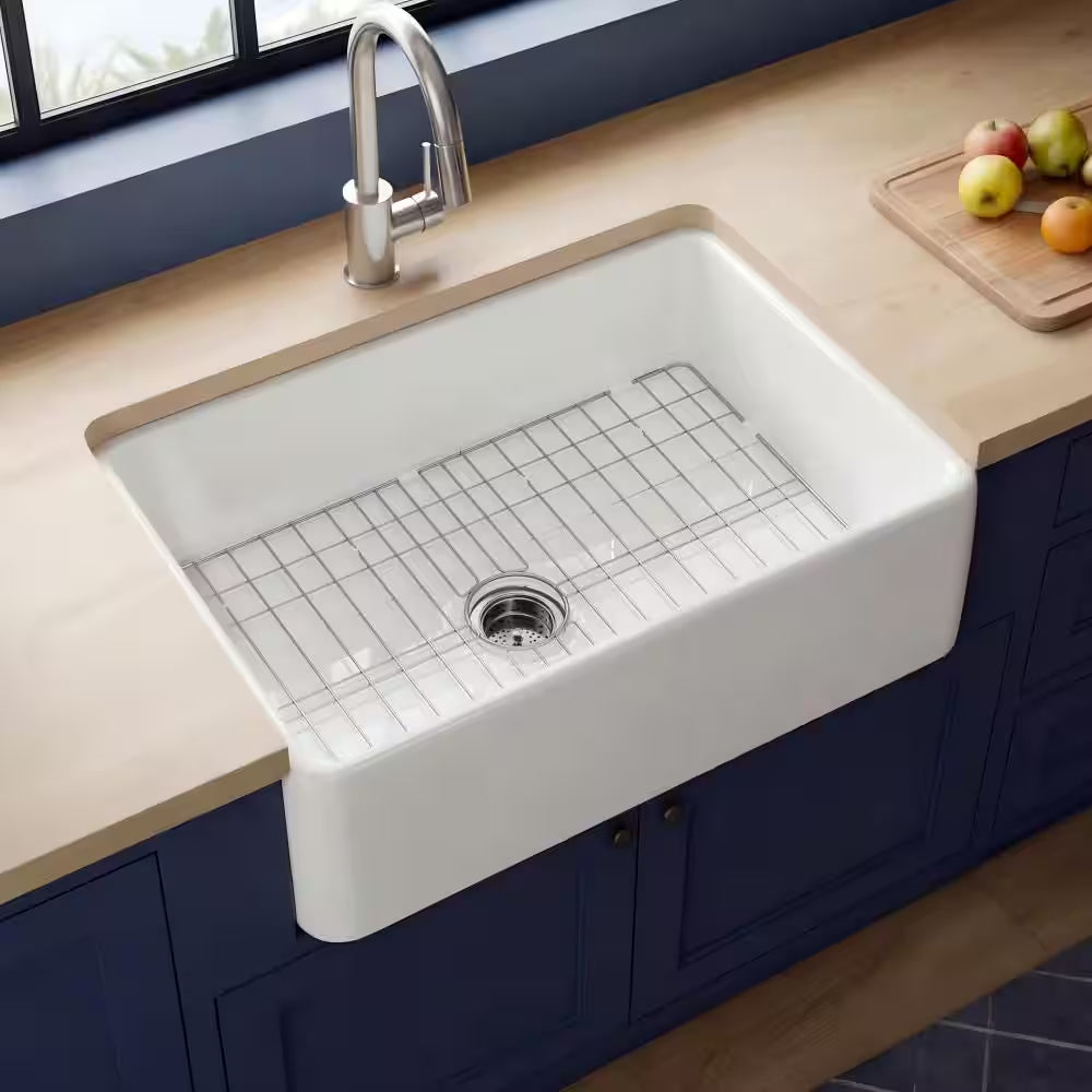 Farmhouse Sink 30 In. Single Bowl Gloss White Fireclay Kitchen Sink Apron Sink with Strainer and Bottom Grid Barn Sink