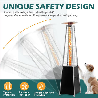 48,000 BTU Flame Pyramid Pool Heater with Cover, Triple Safety Protection Portable Patio Heater with Patio Cover, Warm Glass Tube with Durable Wheels-Black