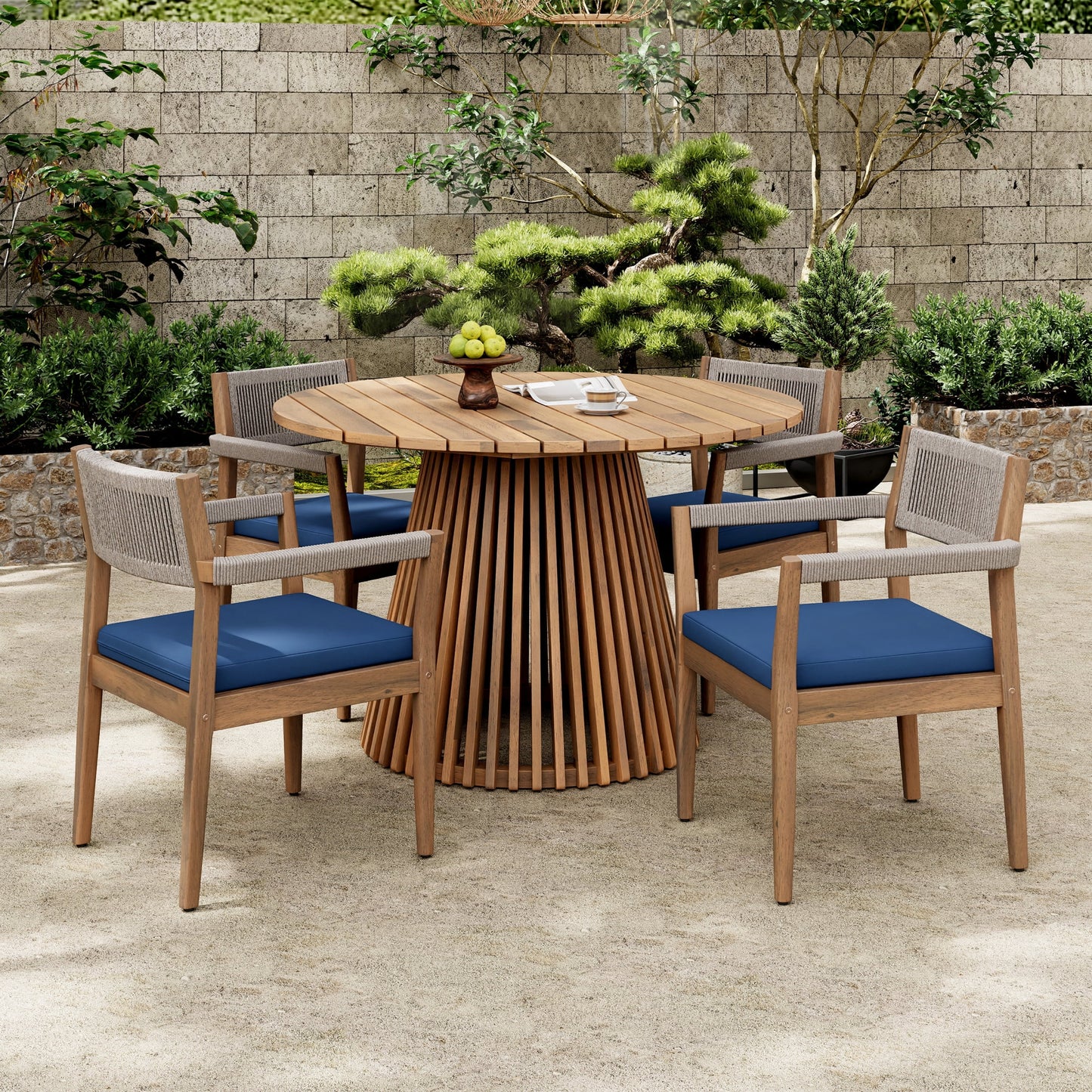 5-Piece Outdoor Patio Dining Table Set with Rope Armchairs & Navy Cushions, Light Teak+Beige