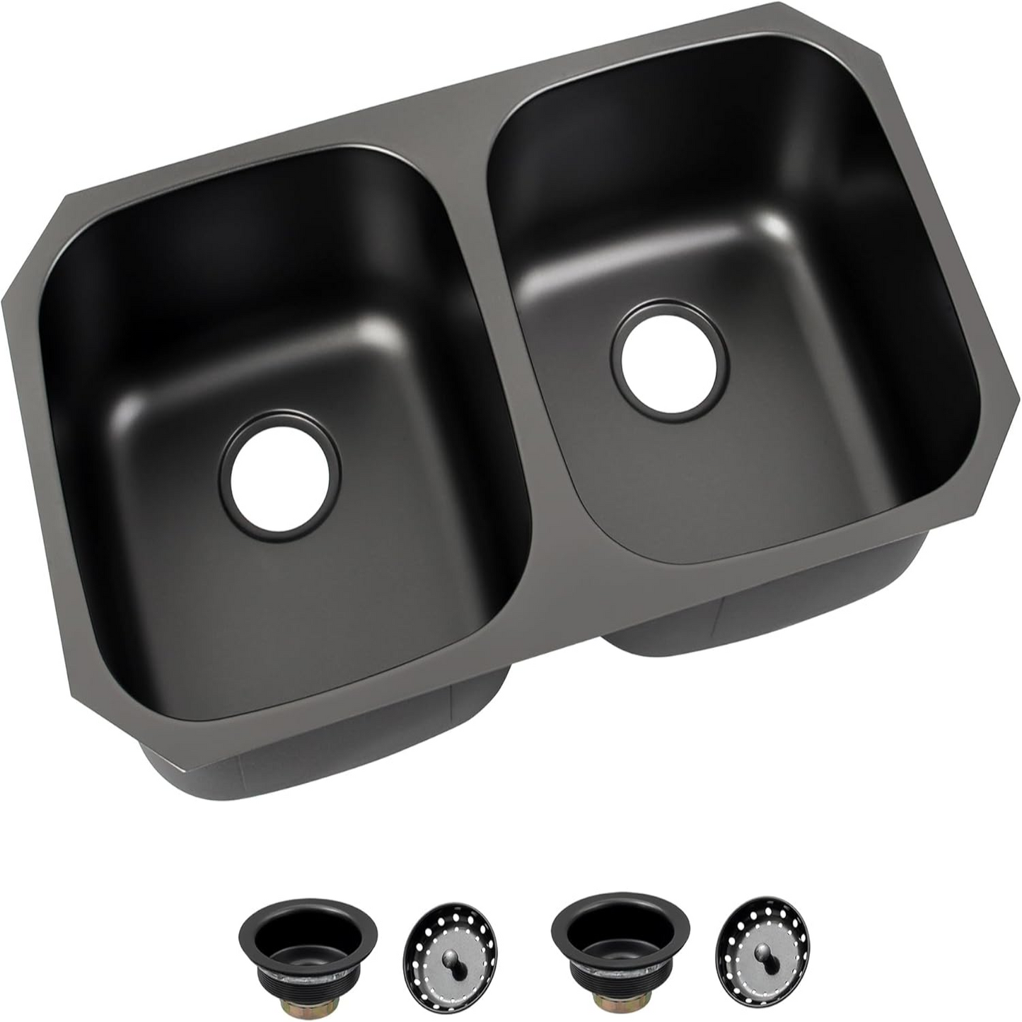 32 Inch Black Kitchen Sink, Double Bowl Kitchen Sink, Undermount Kitchen Sink Stainless Steel, Black Oval Kitchen Sink with Sleek Roun Corner for Easy Cleaning and Two Sink Strainers