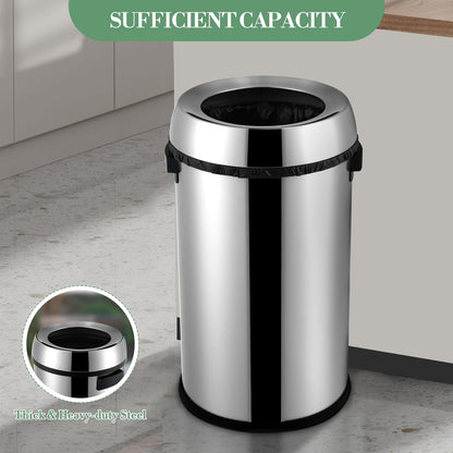 17Gal Trash Can,Stainless Steel Heavy Duty Open Top Kitchen Trash Can,Non-Slip Base, Lift-Up Lid, Wide Open Design, No-Touch Feature - Ideal for Outdoor, Kitchen, Home - Family Friendly