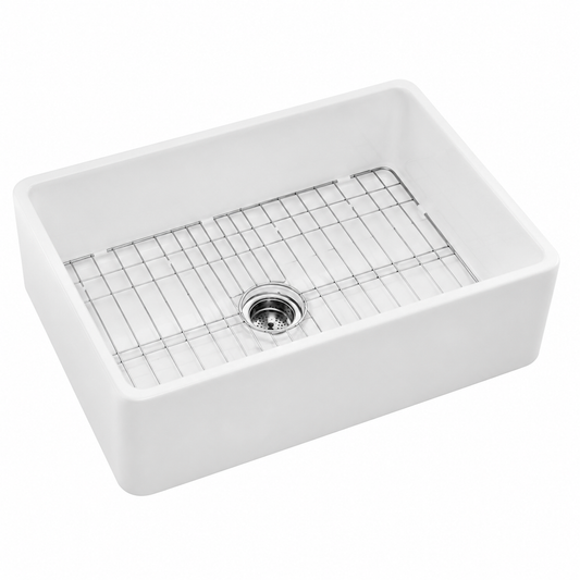 Farmhouse Sink 30 In. Single Bowl Gloss White Fireclay Kitchen Sink Apron Sink with Strainer and Bottom Grid Barn Sink