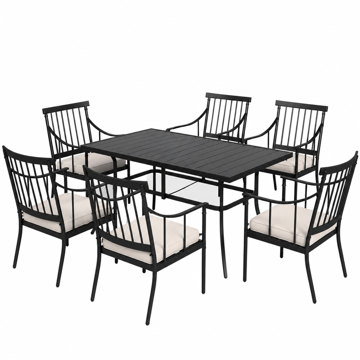 7-Piece Metal Outdoor Dining Set with Rectangle Table and Stylish Chairs with Beige Cushion