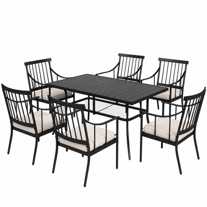 7-Piece Metal Outdoor Dining Set with Rectangle Table and Stylish Chairs with Beige Cushion