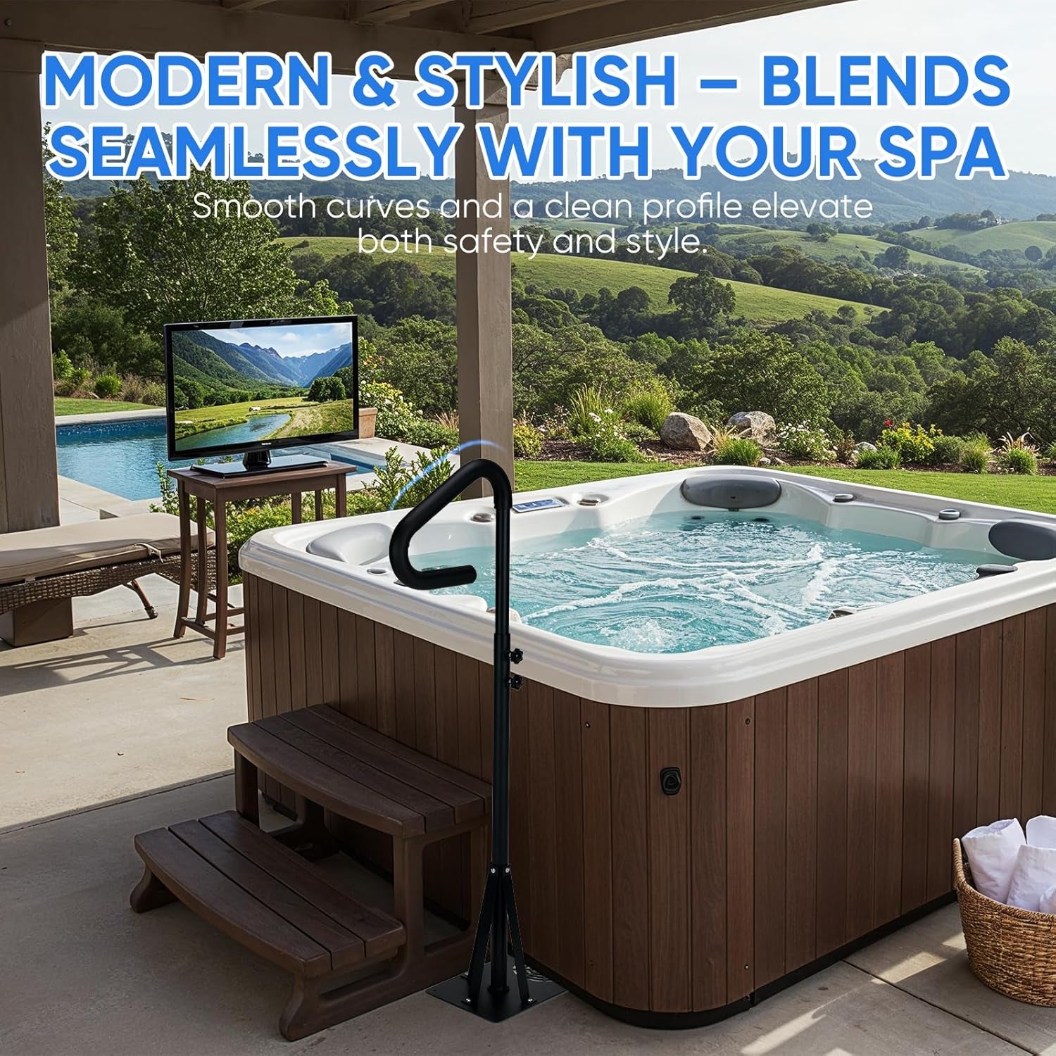 Heavy Duty Hot Tub Handrail, 38-62" Adjustable Height Spa Hand Rail for Entry & Exit, 360° Swivel Hot Tub Railing with Non-Slip Rubber Grip, Rust-Proof Carbon Steel Hot Pool Handrail
