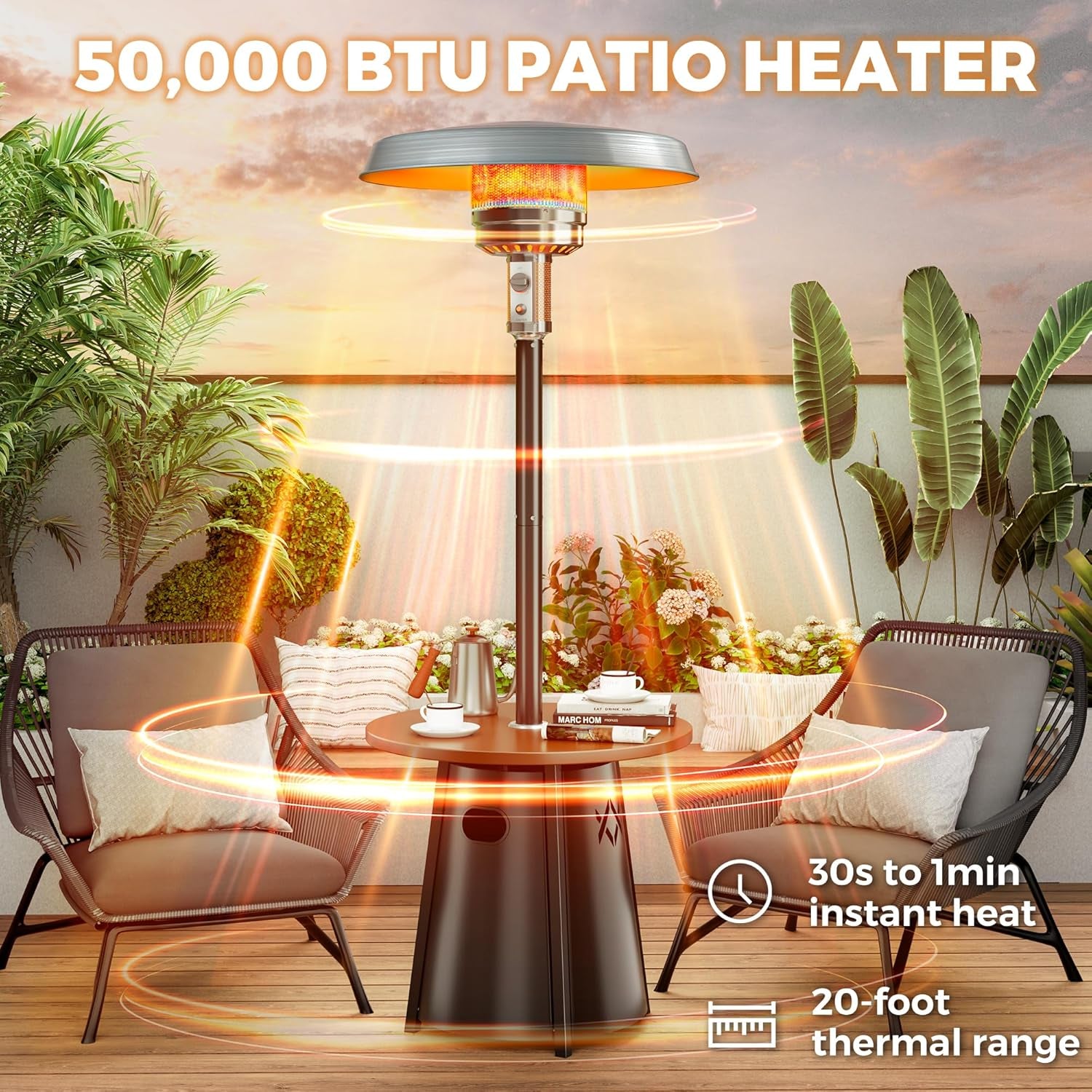 50,000 BTU Outdoor Heaters for Patio with round Table Design, Premium 304 Stainless Steel Burner, Triple Protection System Propane Patio Heater for Porch Garden, Residential & Commercial Use