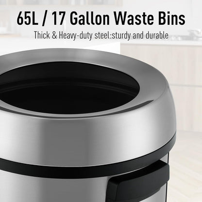 17Gal Trash Can,Stainless Steel Heavy Duty Open Top Kitchen Trash Can,Non-Slip Base, Lift-Up Lid, Wide Open Design, No-Touch Feature - Ideal for Outdoor, Kitchen, Home - Family Friendly