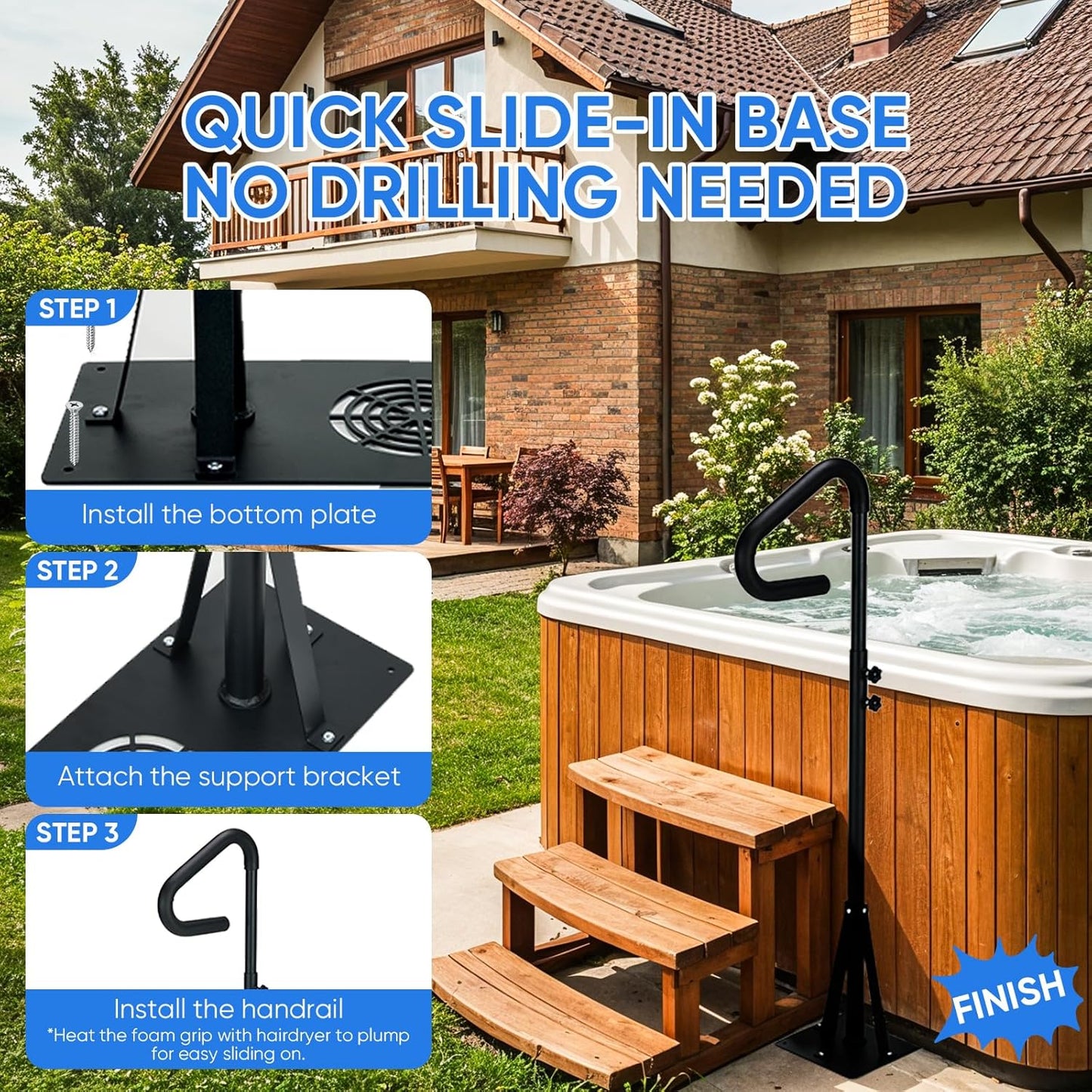 Heavy Duty Hot Tub Handrail, 38-62" Adjustable Height Spa Hand Rail for Entry & Exit, 360° Swivel Hot Tub Railing with Non-Slip Rubber Grip, Rust-Proof Carbon Steel Hot Pool Handrail