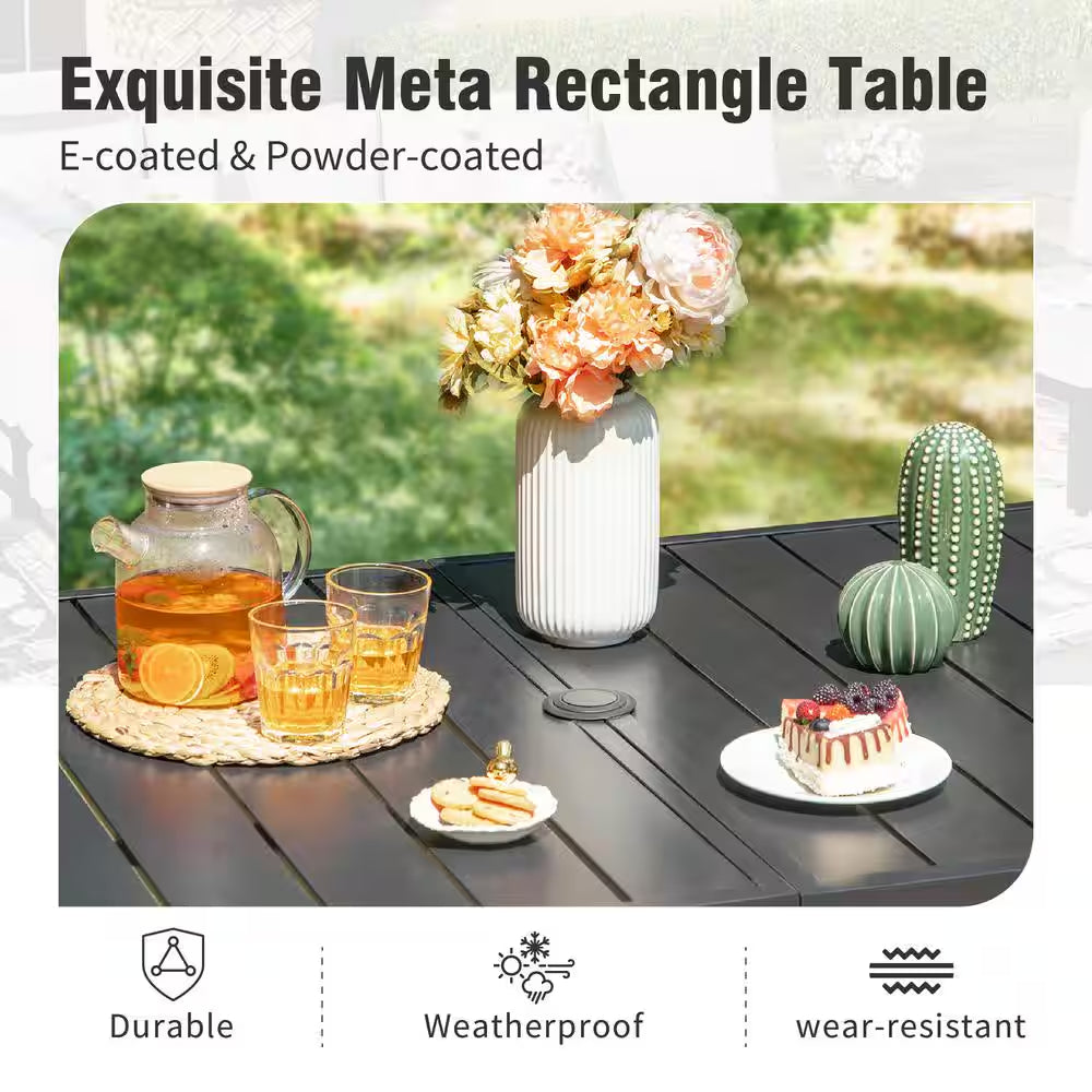7-Piece Metal Outdoor Dining Set with Rectangle Table and Stylish Chairs with Beige Cushion