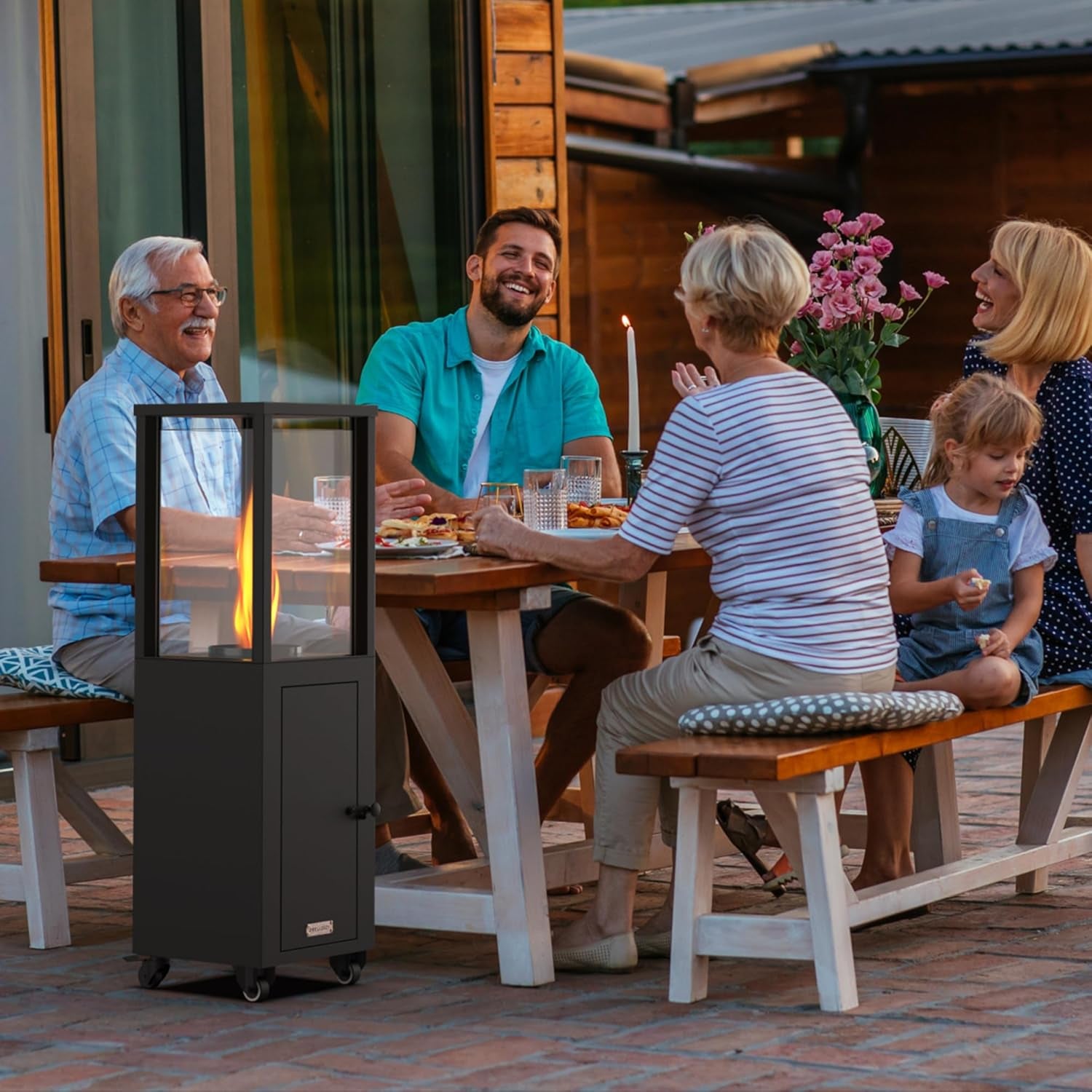 Wood Pellets Patio Heater with Wheels and Ash Box, Safe and Adjustable Outdoor Heaters for Patio. Outdoor Fire Pit for Garden Bonfire Party, Backyard and Beach. Black