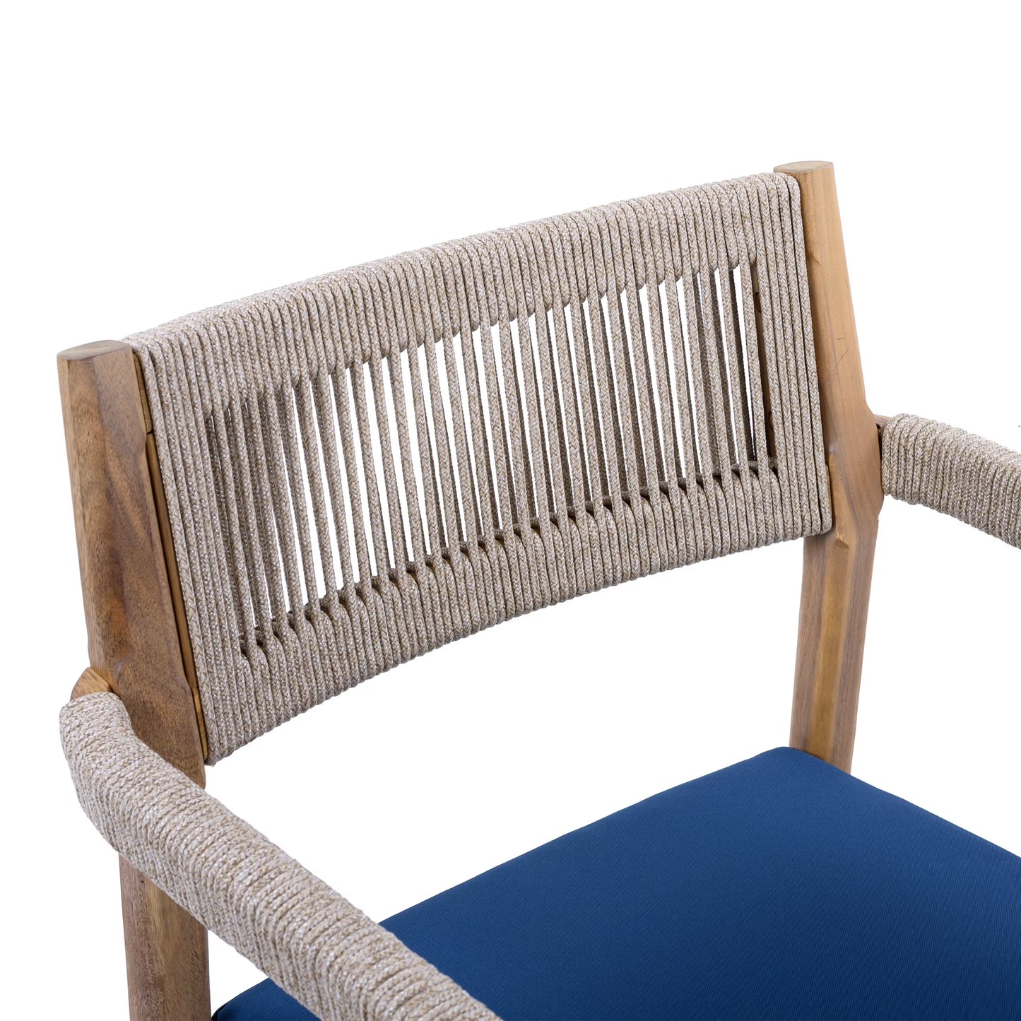5-Piece Outdoor Patio Dining Table Set with Rope Armchairs & Navy Cushions, Light Teak+Beige