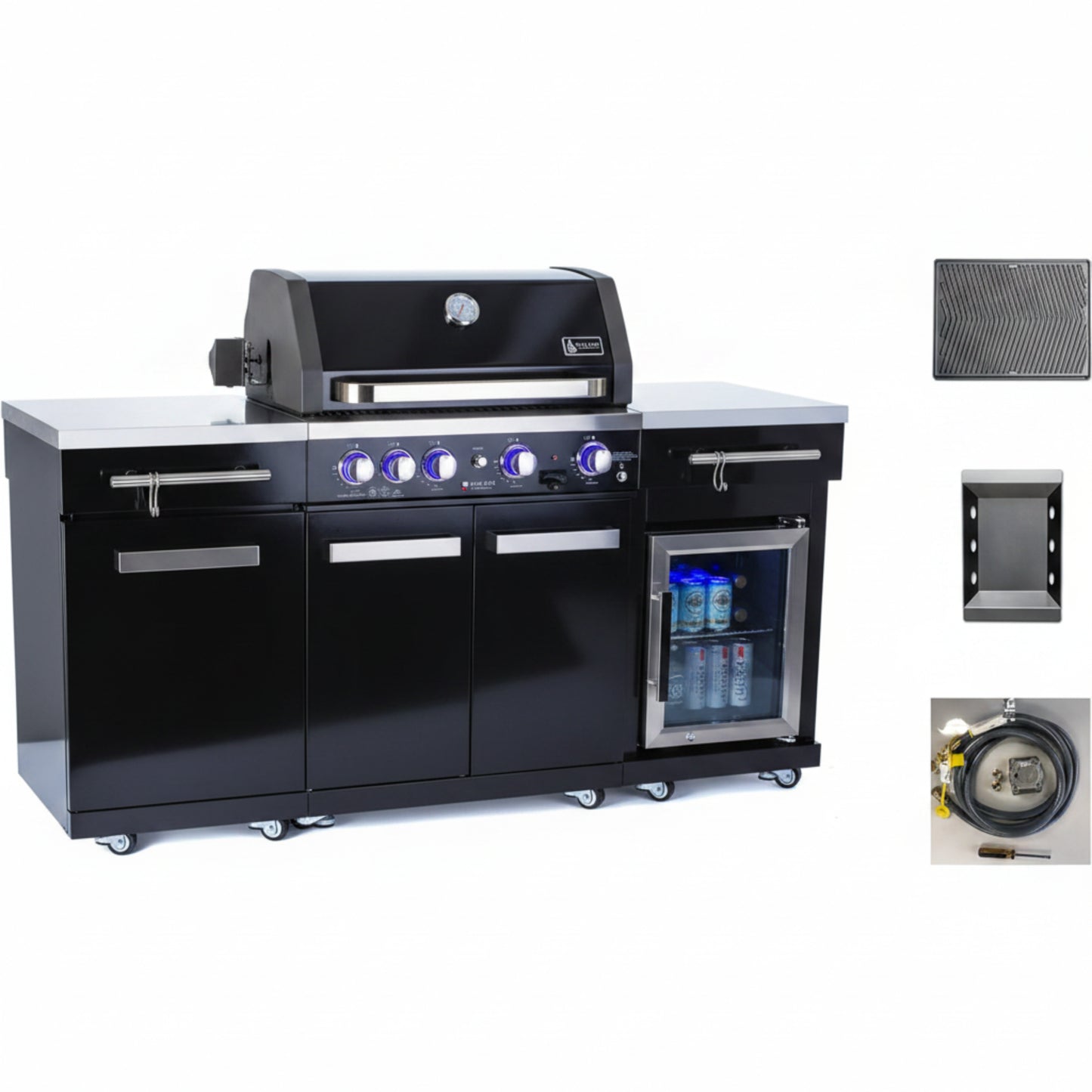 Premium 70"W Black Stainless Steel Outdoor Kitchen Island BBQ Gas Grill with Compact Refrigerator & Rotisserie Burner + Dual Sided Griddle Plate + Charcoal Tray + Natural Gas Conversion Kit