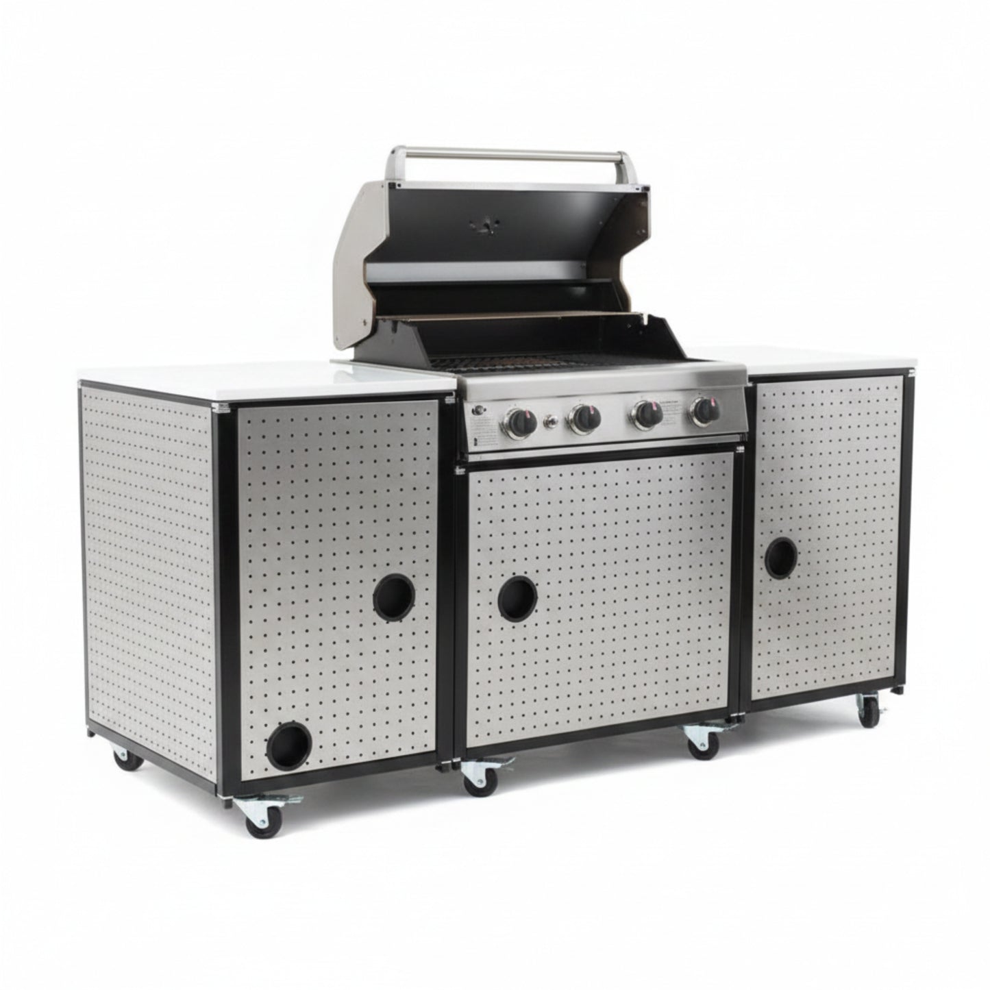 Premium 70"W Black Stainless Steel Outdoor Kitchen Island BBQ Gas Grill with Compact Refrigerator & Rotisserie Burner + Dual Sided Griddle Plate + Charcoal Tray + Natural Gas Conversion Kit